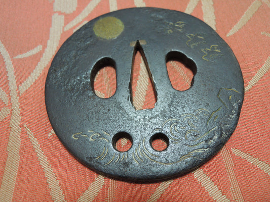 Antique Iron Tsuba Japan Samurai katana Edo period Full moon and seabirds