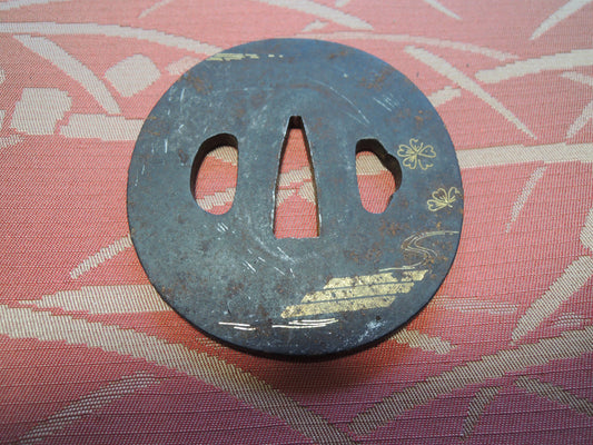 Antique Iron Tsuba Japan Samurai katana Edo period bridge over a stream