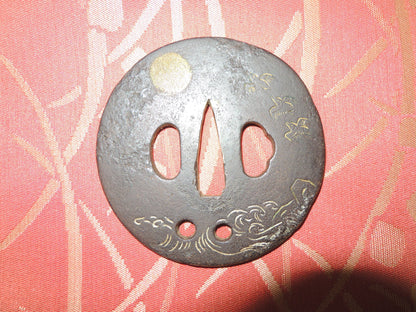 Antique Iron Tsuba Japan Samurai katana Edo period Full moon and seabirds