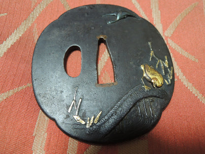 Antique Iron Mokko Tsuba Japan Samurai katana Edo period Wild goose and River
