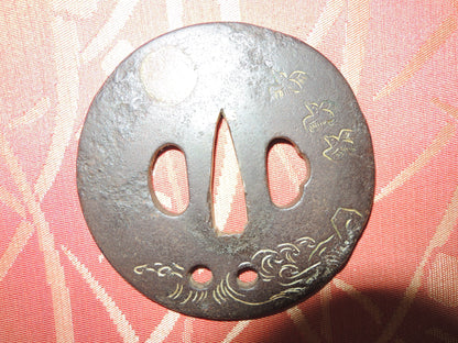 Antique Iron Tsuba Japan Samurai katana Edo period Full moon and seabirds