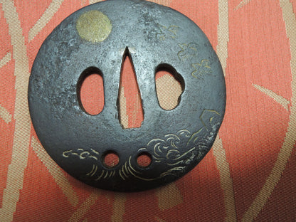 Antique Iron Tsuba Japan Samurai katana Edo period Full moon and seabirds