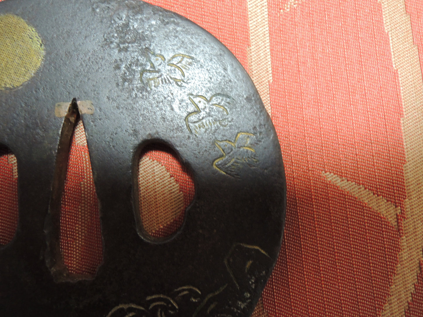 Antique Iron Tsuba Japan Samurai katana Edo period Full moon and seabirds