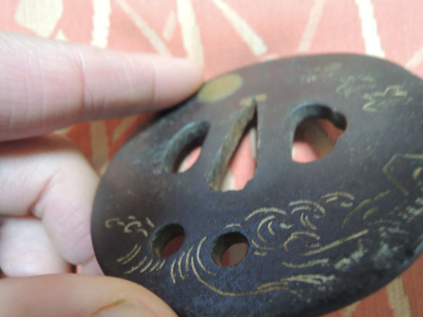 Antique Iron Tsuba Japan Samurai katana Edo period Full moon and seabirds