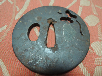 Antique Iron Sukashi Tsuba Japan Samurai katana Edo period Gunbai no zu