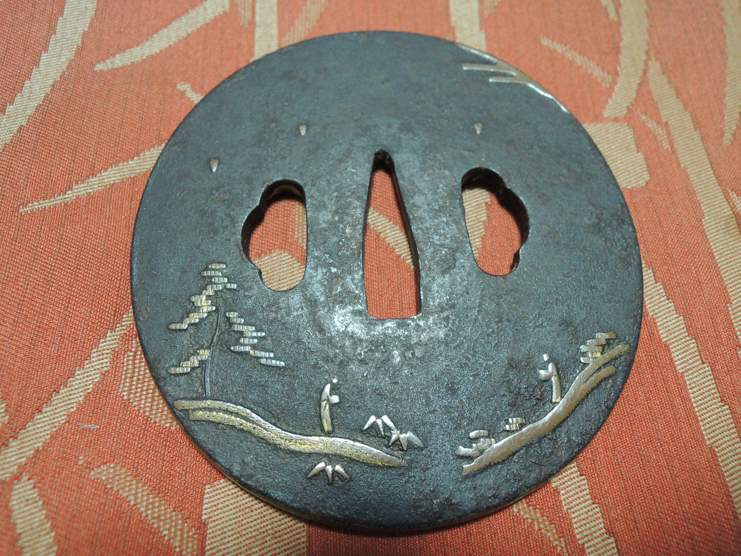 Antique Iron Tsuba Japan Samurai katana Edo period Mountain and River