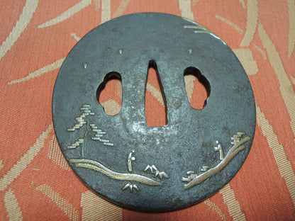 Antique Iron Tsuba Japan Samurai katana Edo period Mountain and River