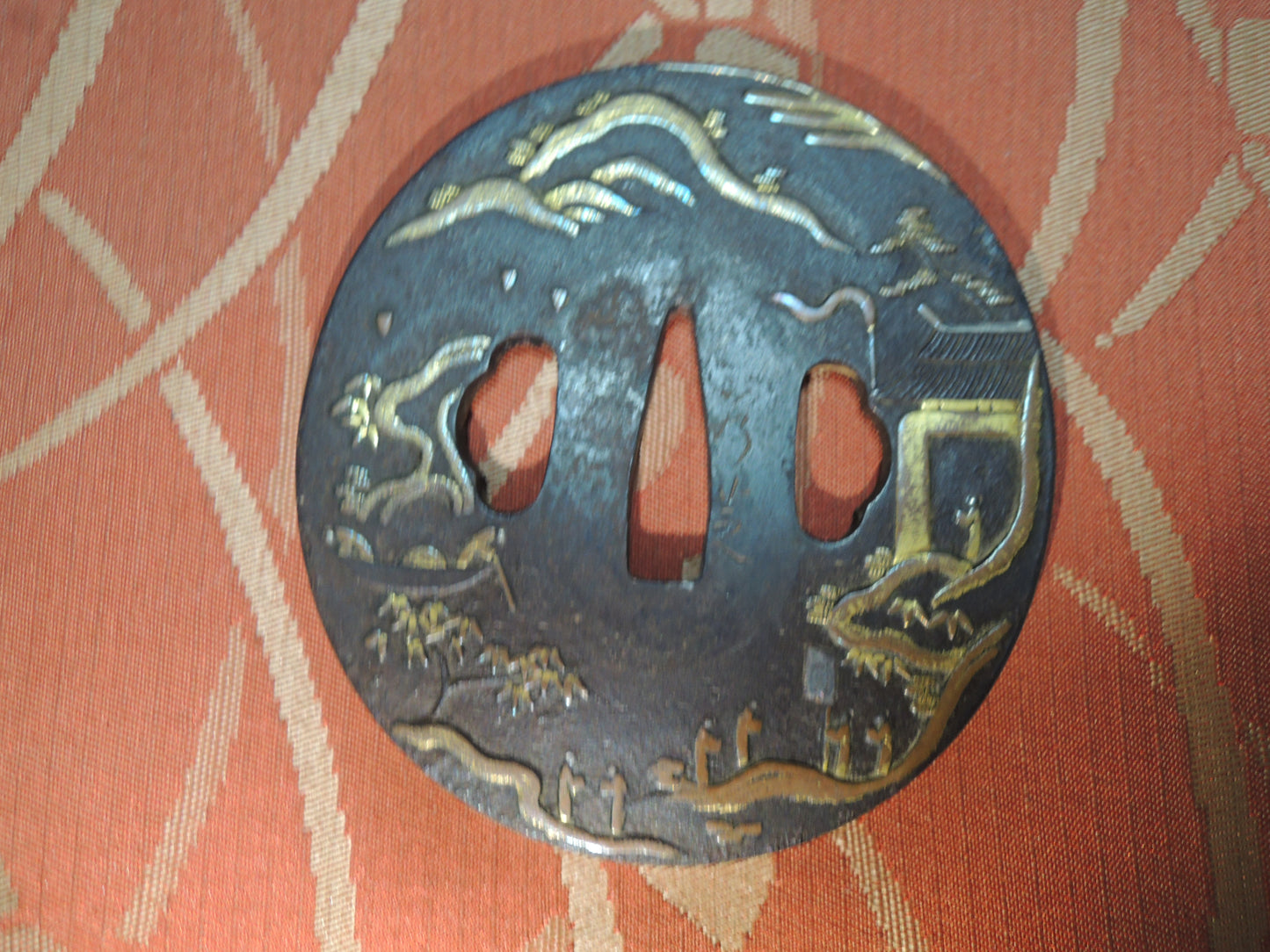 Antique Iron Tsuba Japan Samurai katana Edo period Mountain and River